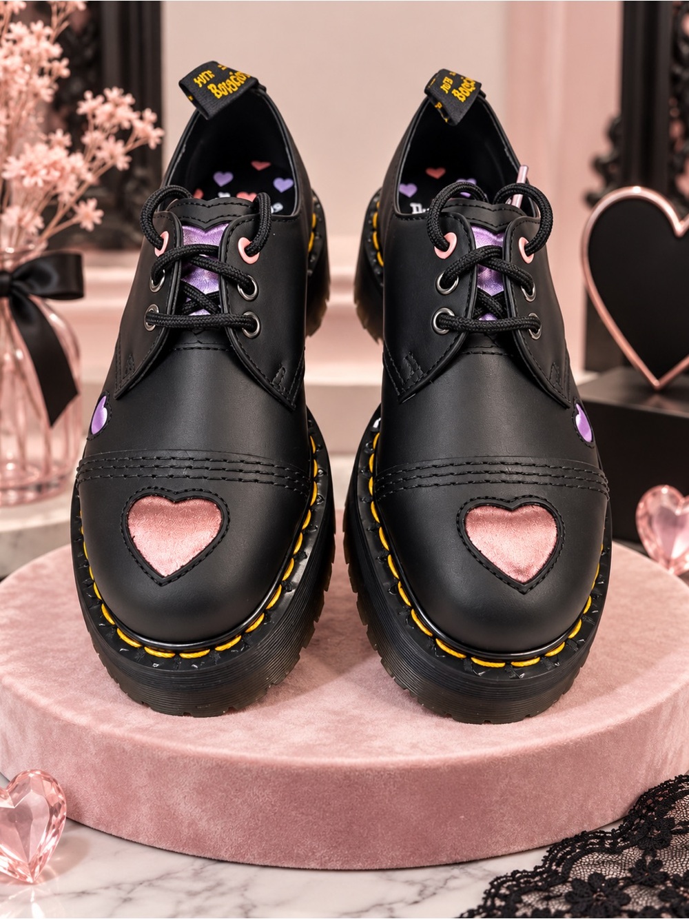 Dr. Martens 1461 Quad Heart Platform Shoes Black Pink Women’s Size 10